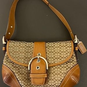 Coach Mini Bag; Quality leather and logo canvas, Luggage Tan color